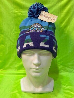 UTAH JAZZ Mitchell & Ness Cuffed Beanie Hat Pom Purple Blue